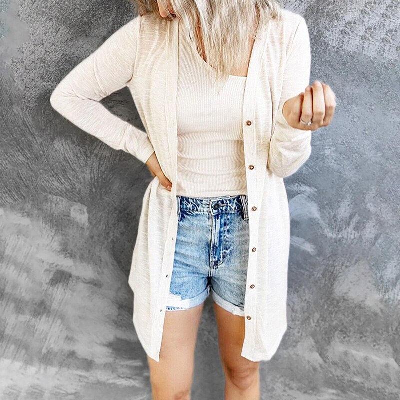 Women's Mid-Thigh Open Front Cardigan with Snap Buttons, White, view 5