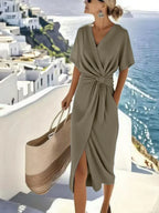 Women's Midi Dress with Twist Waist and V-Neck, Khaki, view 1