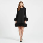 Women's Mini Dress with Faux Fur Hem and Cuffs, Black, view 1
