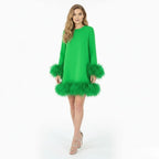 Women's Mini Dress with Faux Fur Hem and Cuffs, Green, view 4