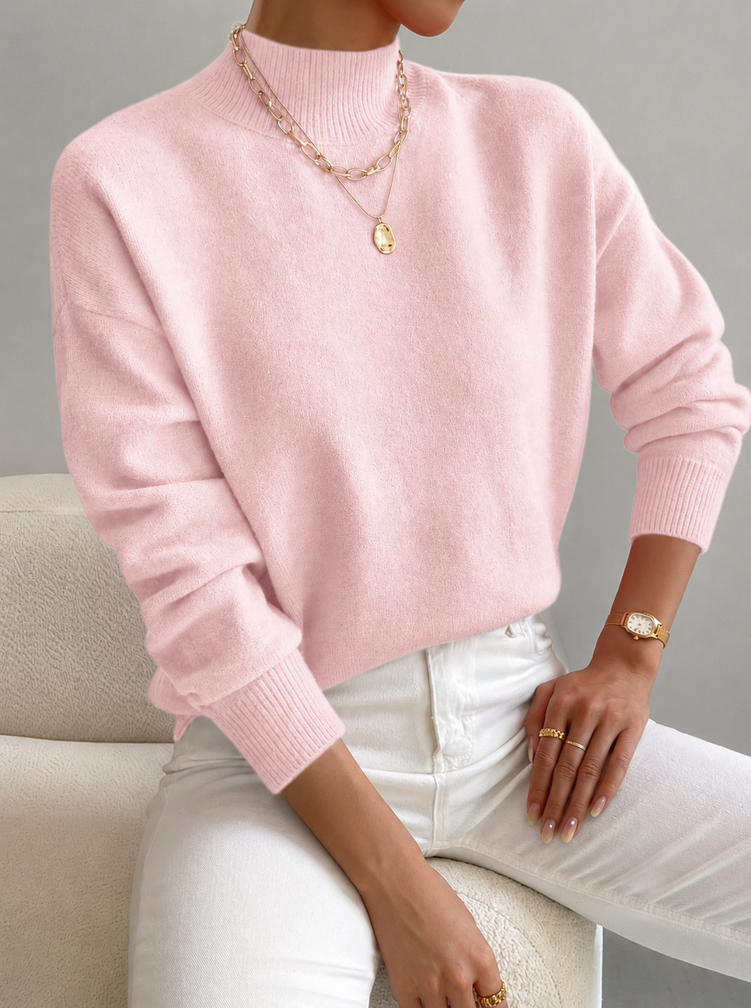 Women's Mock Neck Jumper with Ribbed Cuffs, Light Pink, view 3