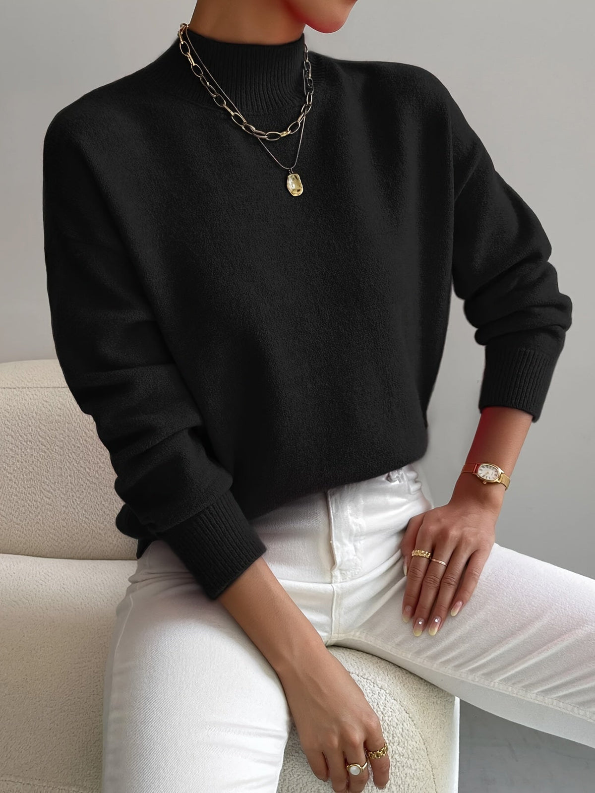 Women's Mock Neck Jumper with Ribbed Cuffs, Black, view 6