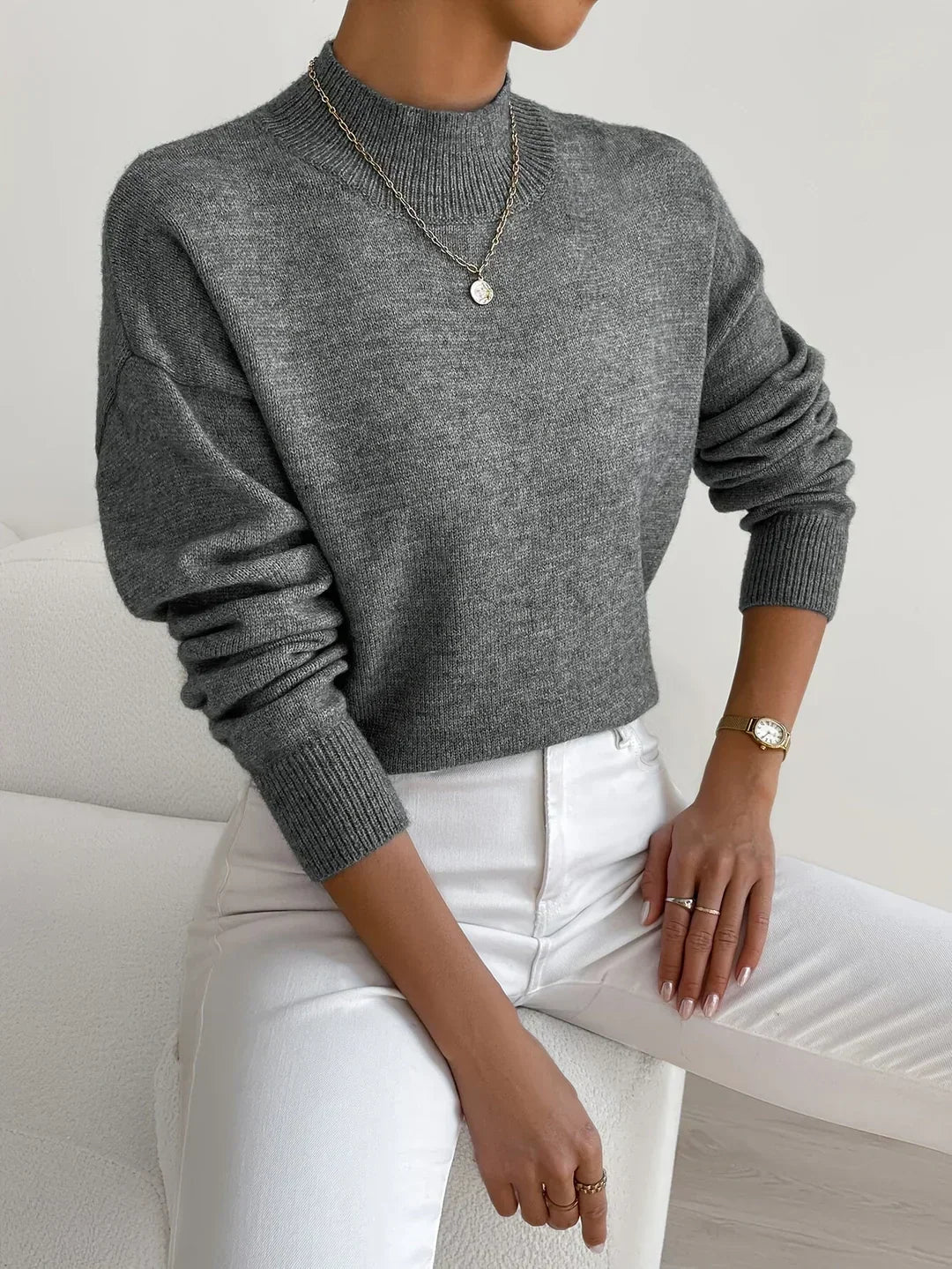 Women's Mock Neck Jumper with Ribbed Cuffs, Grey, view 9
