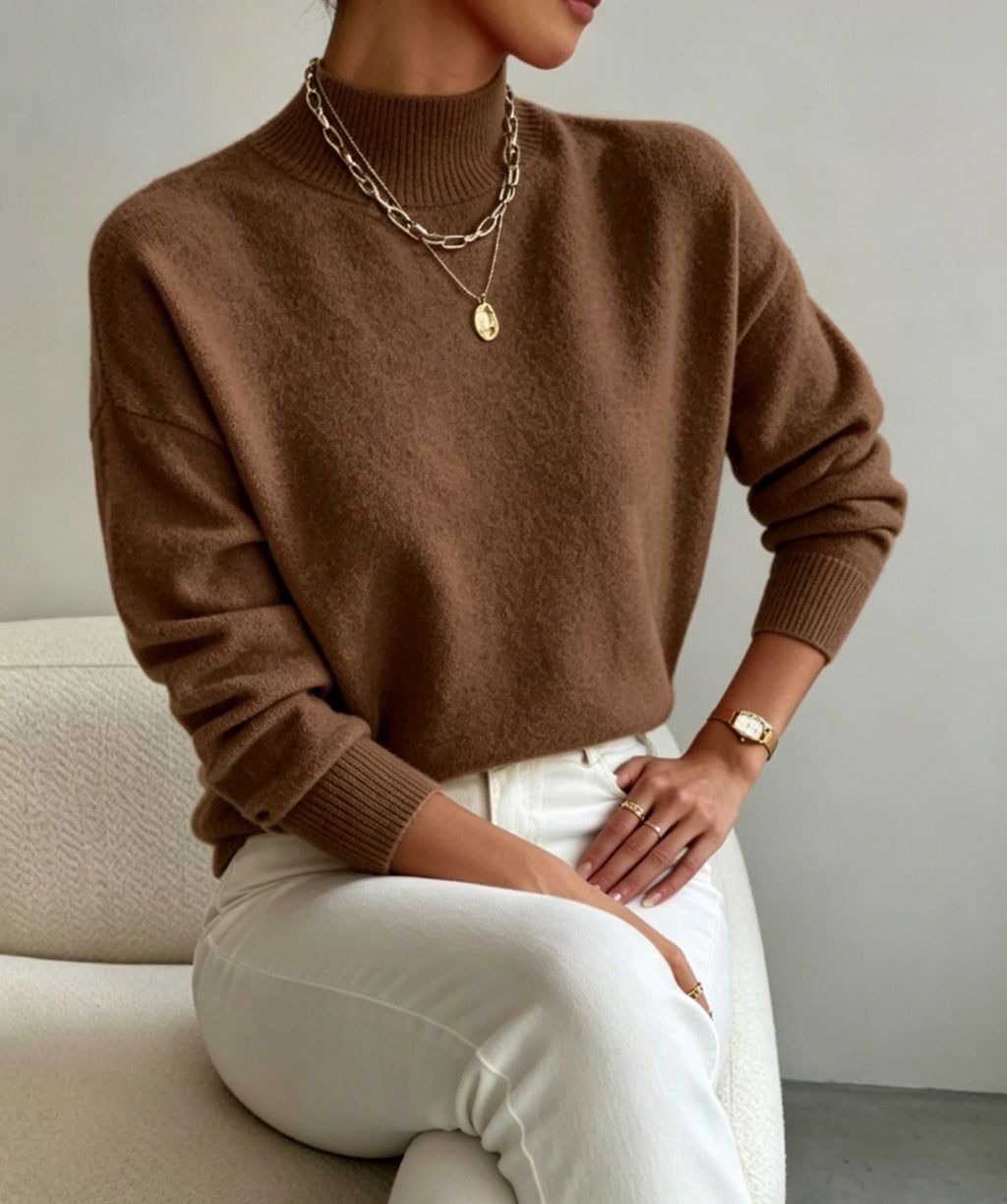 Women's Mock Neck Jumper with Ribbed Cuffs, Brown, view 11