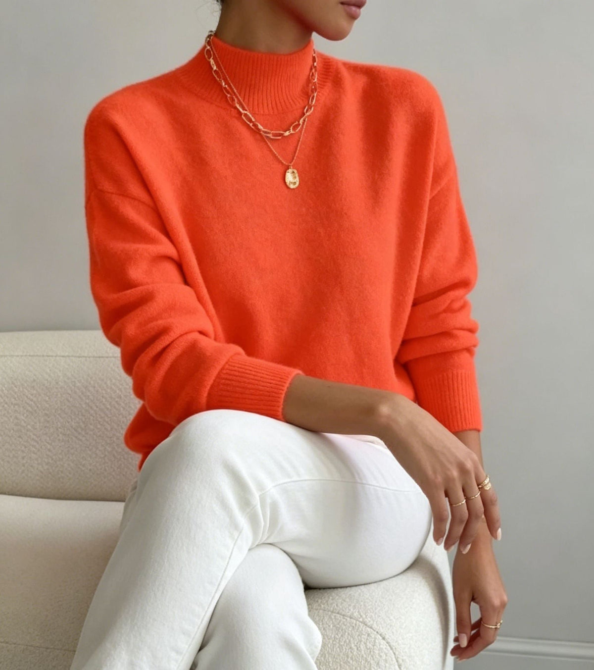 Women's Mock Neck Jumper with Ribbed Cuffs, Orange, view 12