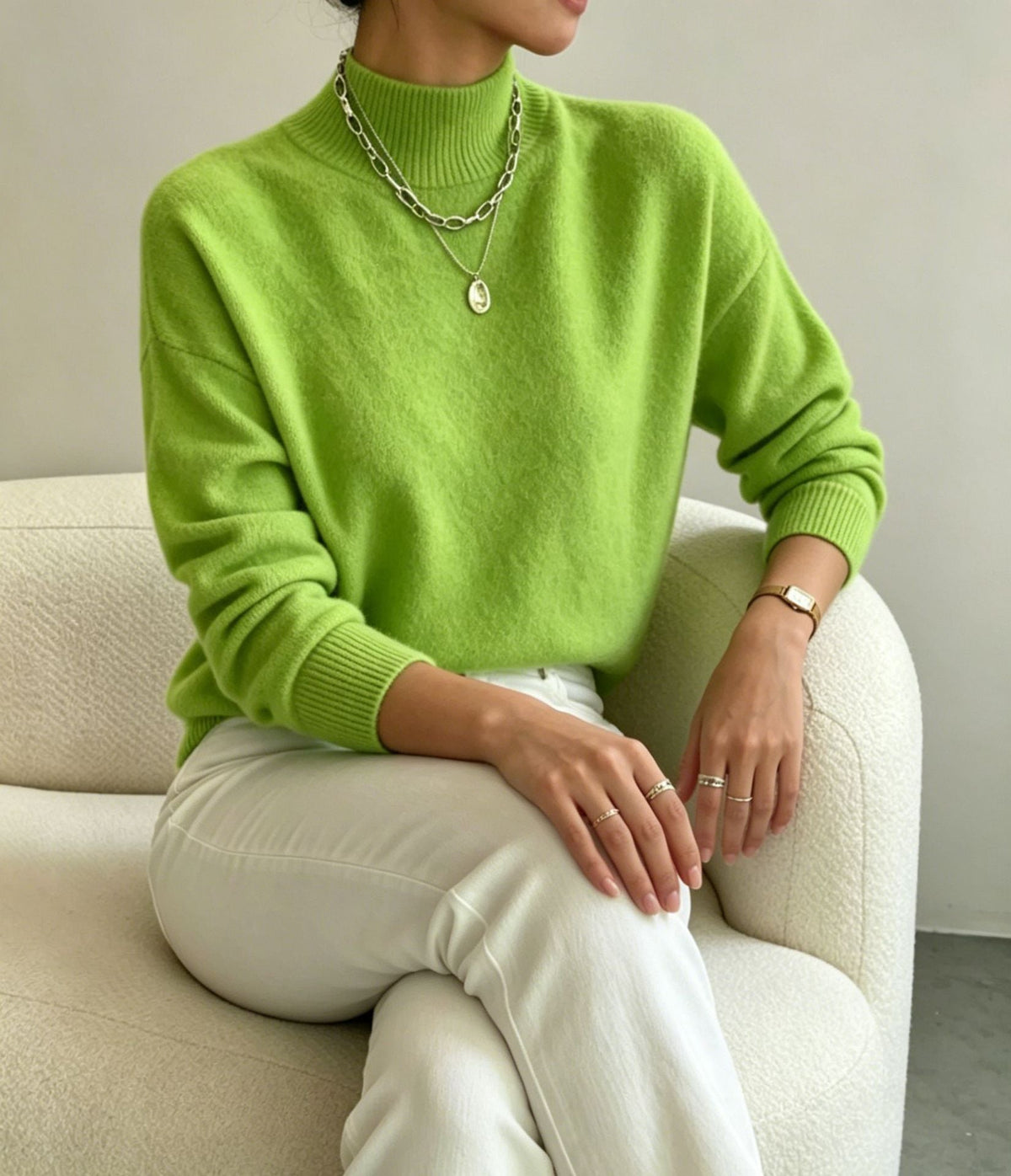 Women's Mock Neck Jumper with Ribbed Cuffs, Bright Green, view 13