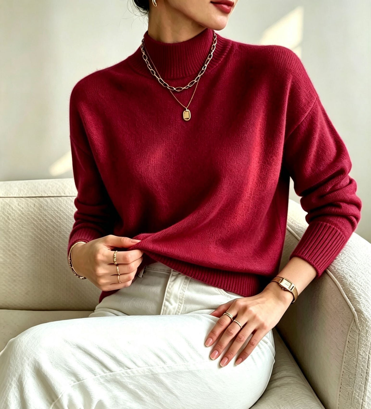 Women's Mock Neck Jumper with Ribbed Cuffs, Dark Red, view 16