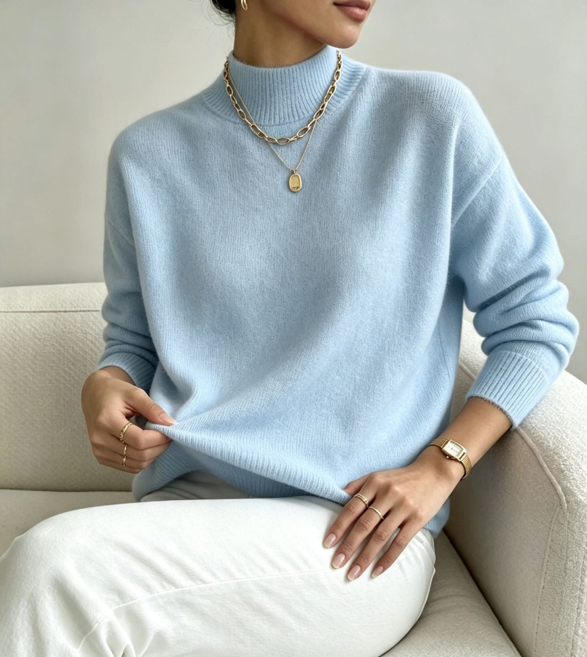 Women's Mock Neck Jumper with Ribbed Cuffs, Sky Blue, view 17