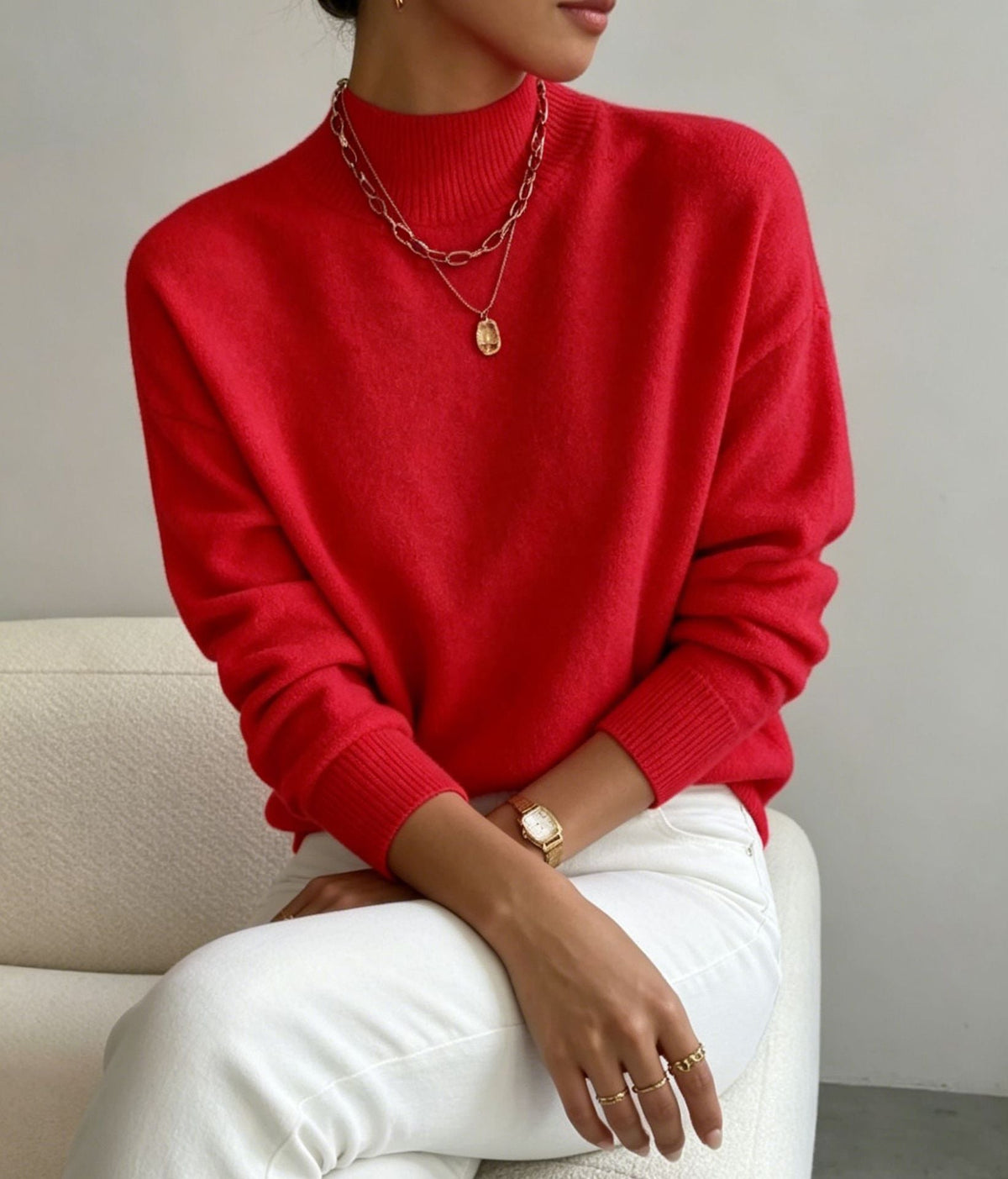 Women's Mock Neck Jumper with Ribbed Cuffs, Red, view 18