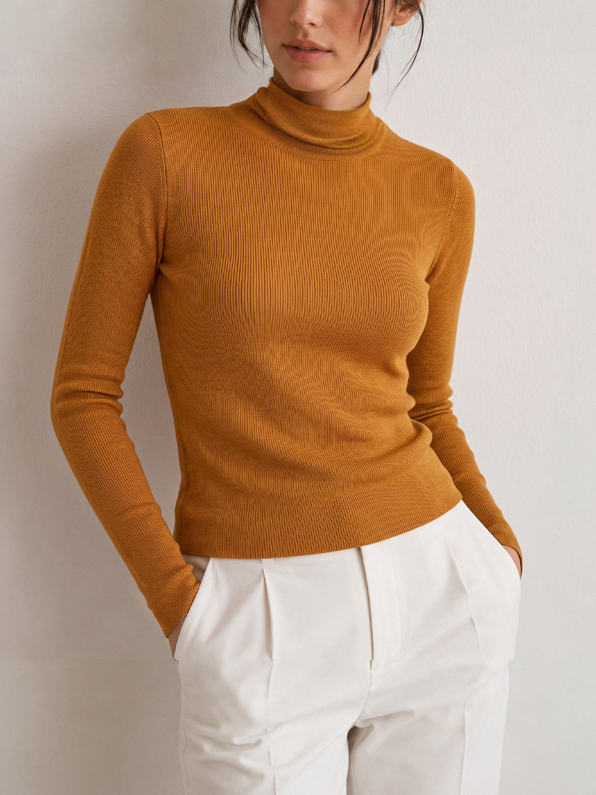 Women's Mustard Slim-Fit Wool-Effect Ribbed Jumper, Yellow, view 1