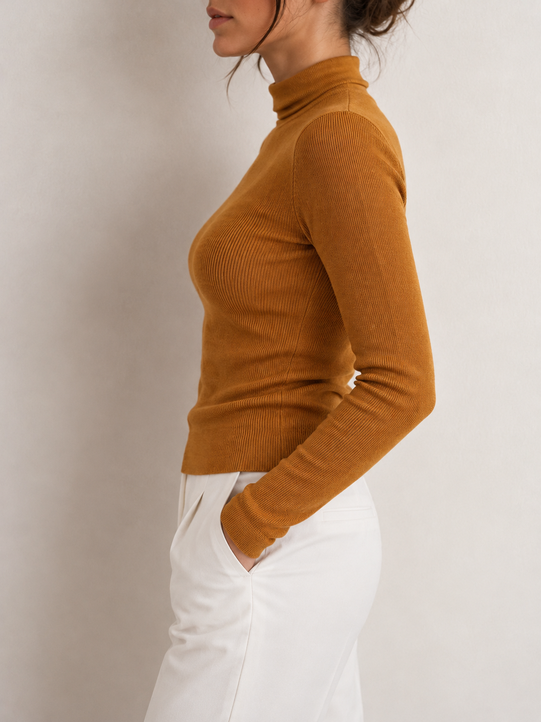 Women's Mustard Slim-Fit Wool-Effect Ribbed Jumper, view 2