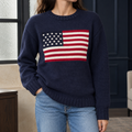 Women's Navy American Flag Motif Chunky Crew Neck Jumper, Navy blue, view 1