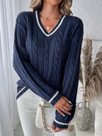 Women's Navy Cable Knit Jumper with Contrast Stripe Trim, Navy Blue, view 1