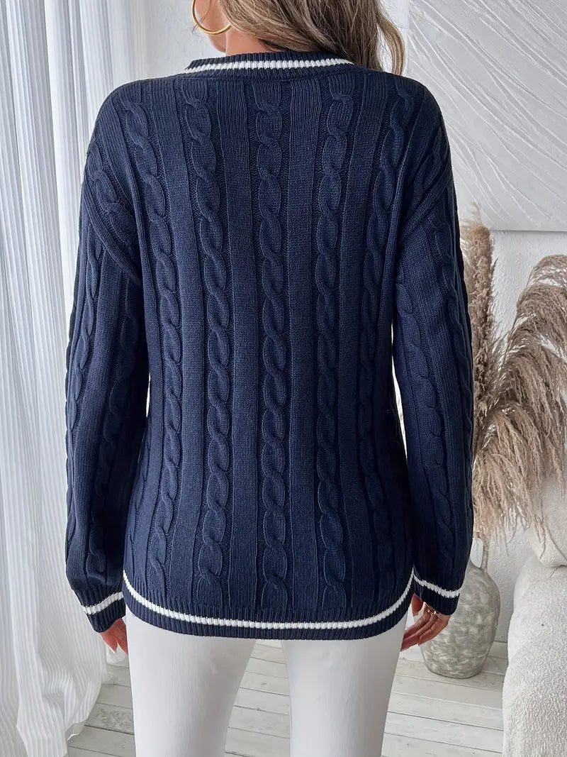 Women's Navy Cable Knit Jumper with Contrast Stripe Trim, view 2