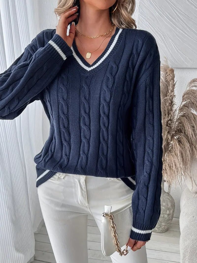 Women's Navy Cable Knit Jumper with Contrast Stripe Trim, view 3