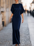 Women's Navy Satin-Style Maxi Dress with Wide Sleeves, Navy Blue, view 1