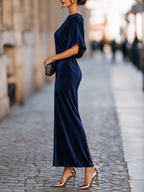 Women's Navy Satin-Style Maxi Dress with Wide Sleeves, view 2