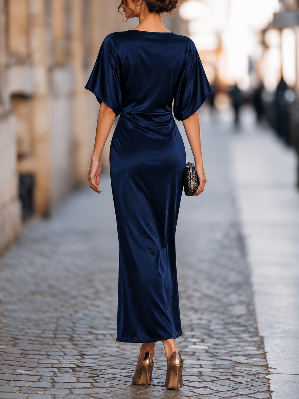 Women's Navy Satin-Style Maxi Dress with Wide Sleeves, view 3