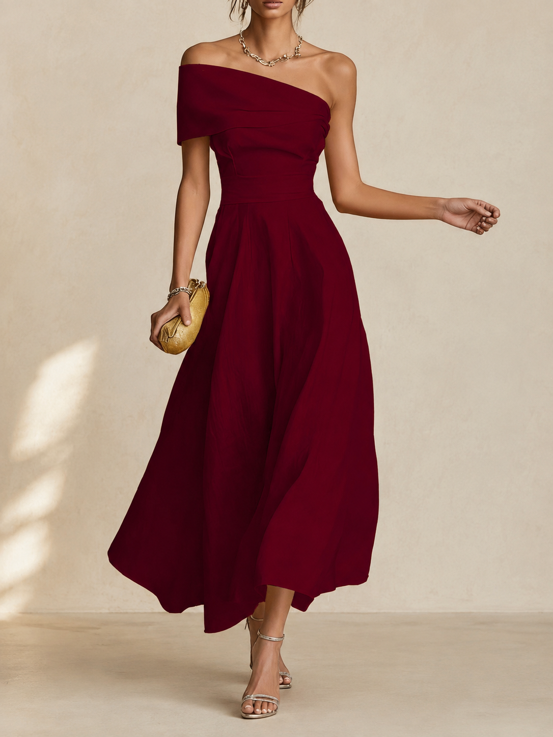 Women's Off-Shoulder A-Line Maxi Dress with Full Skirt, Red, view 1