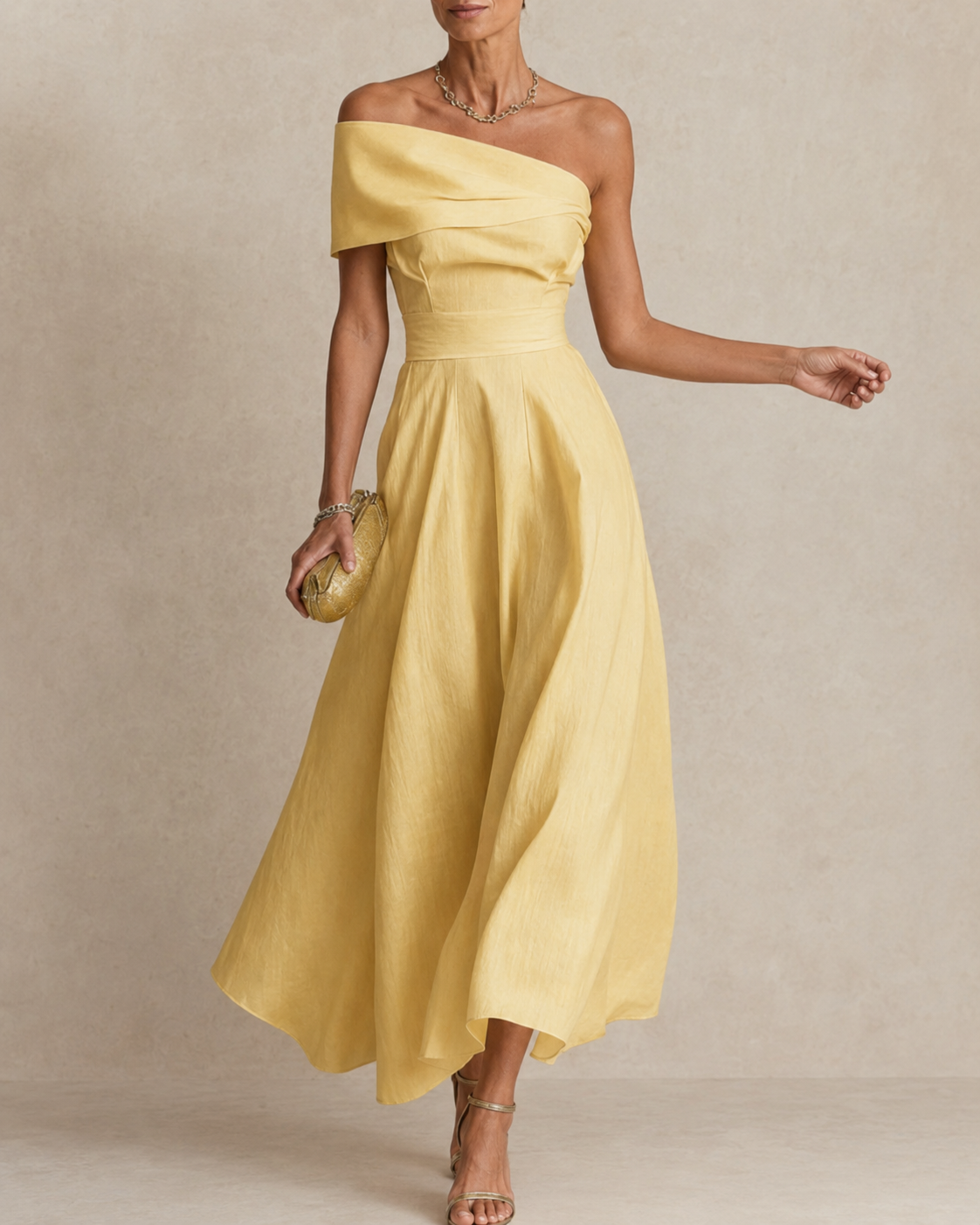 Women's Off-Shoulder A-Line Maxi Dress with Full Skirt, Yellow, view 3