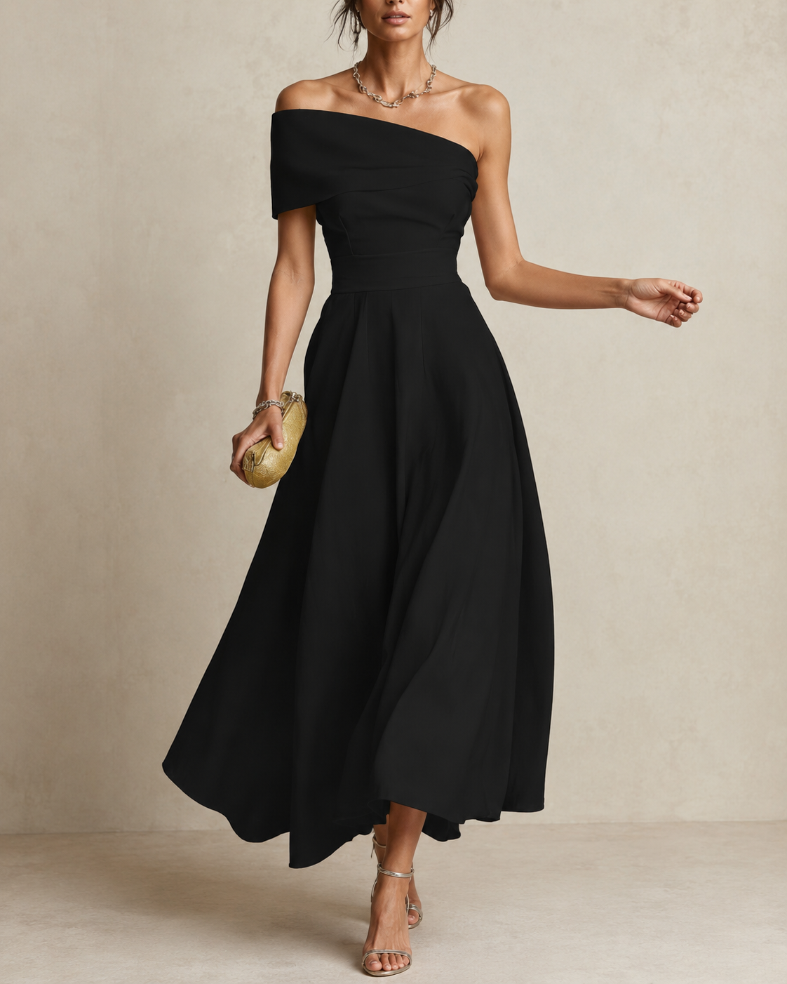Women's Off-Shoulder A-Line Maxi Dress with Full Skirt, Black, view 4