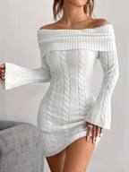 Women's Off-Shoulder Cable Knit Mini Dress, White, view 1