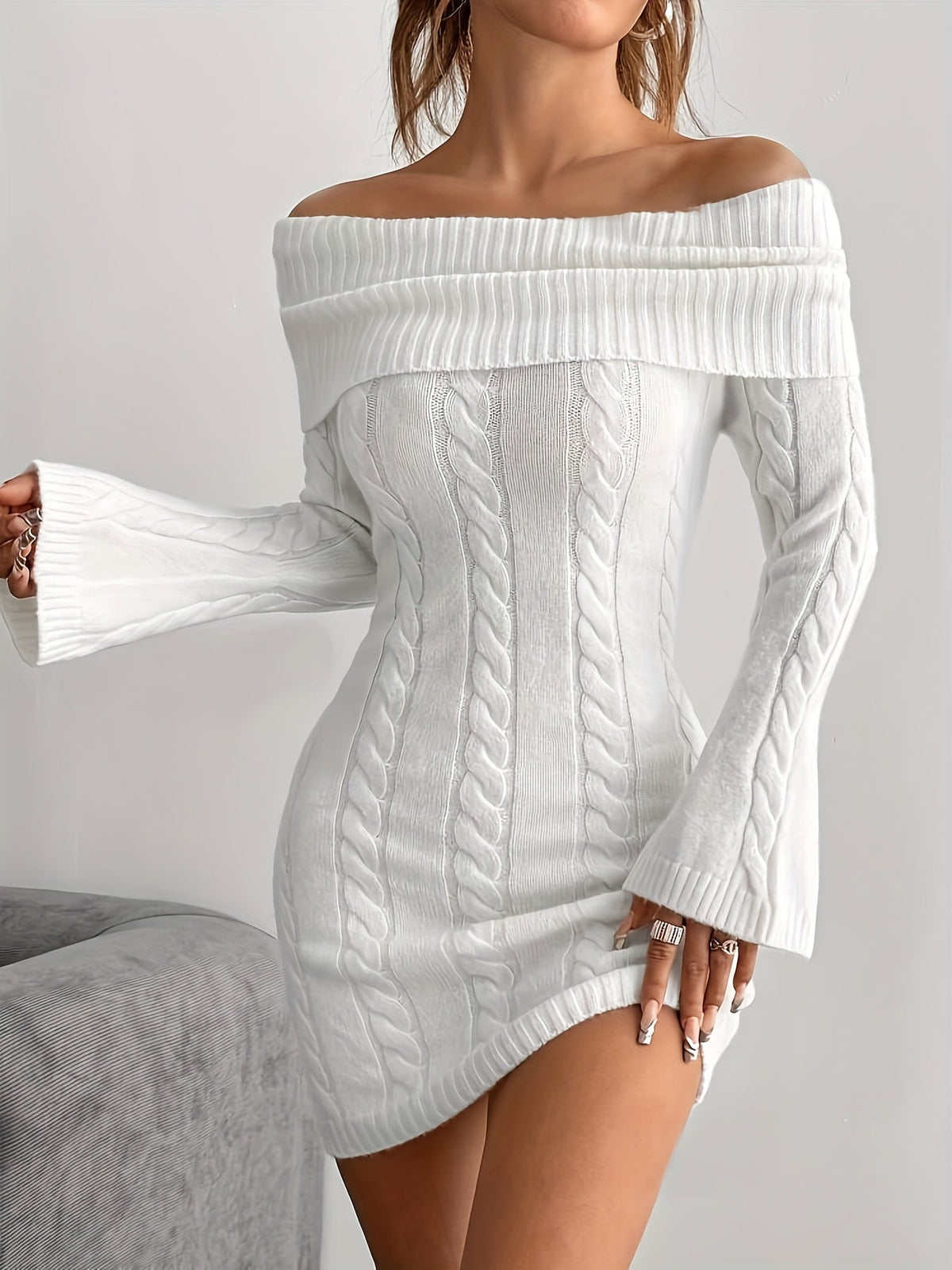 Women's Off-Shoulder Cable Knit Mini Dress, White, view 1
