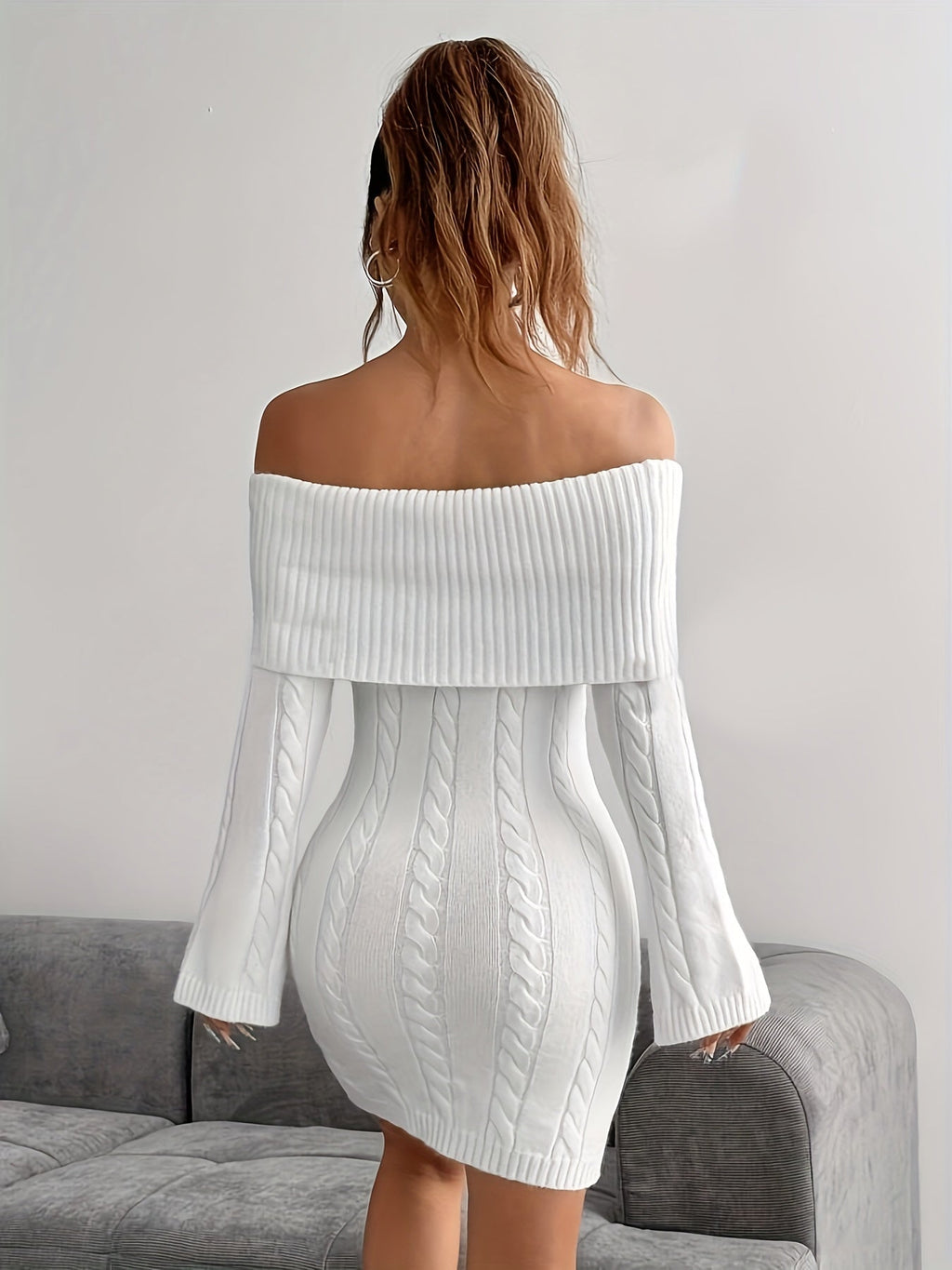 Women's Off-Shoulder Cable Knit Mini Dress, view 2