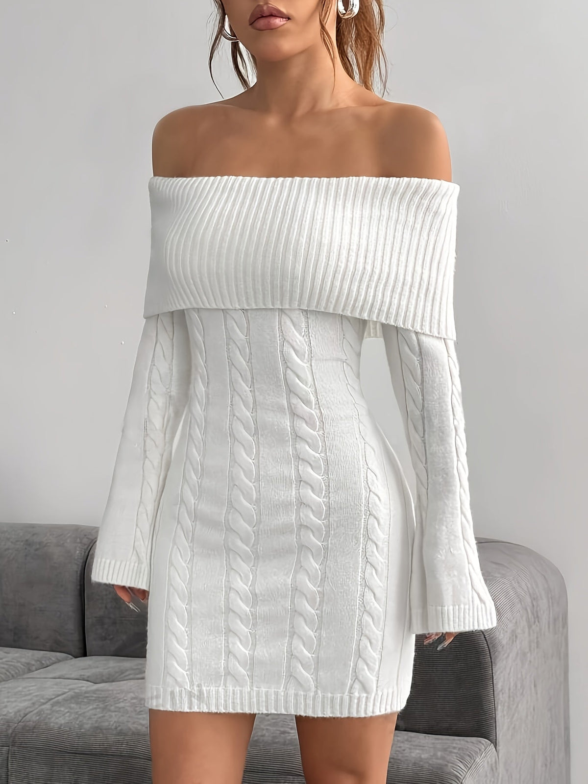 Women's Off-Shoulder Cable Knit Mini Dress, view 3