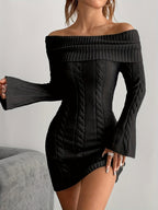 Women's Off-Shoulder Cable Knit Mini Dress, Black, view 4