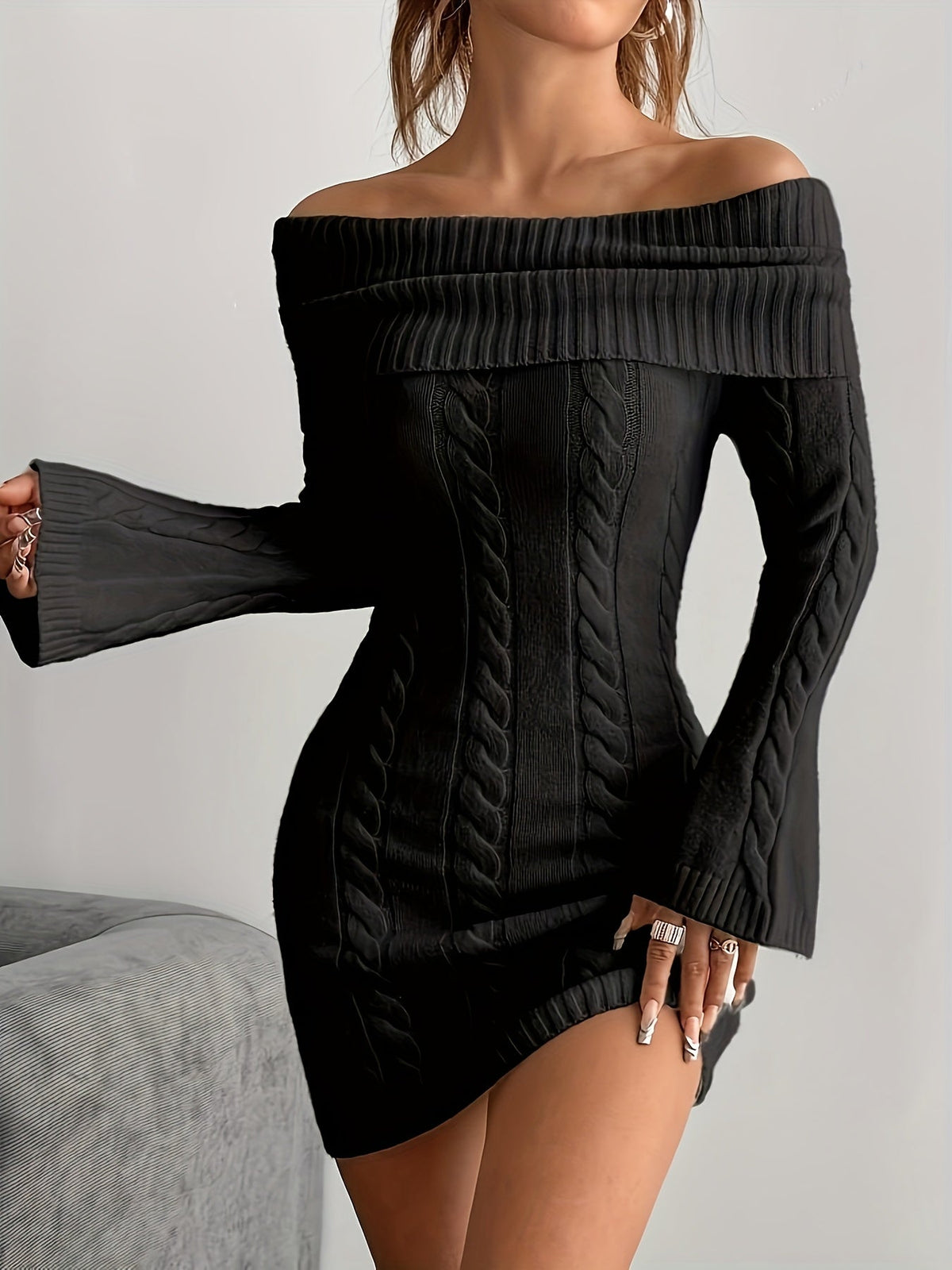Women's Off-Shoulder Cable Knit Mini Dress, Black, view 4
