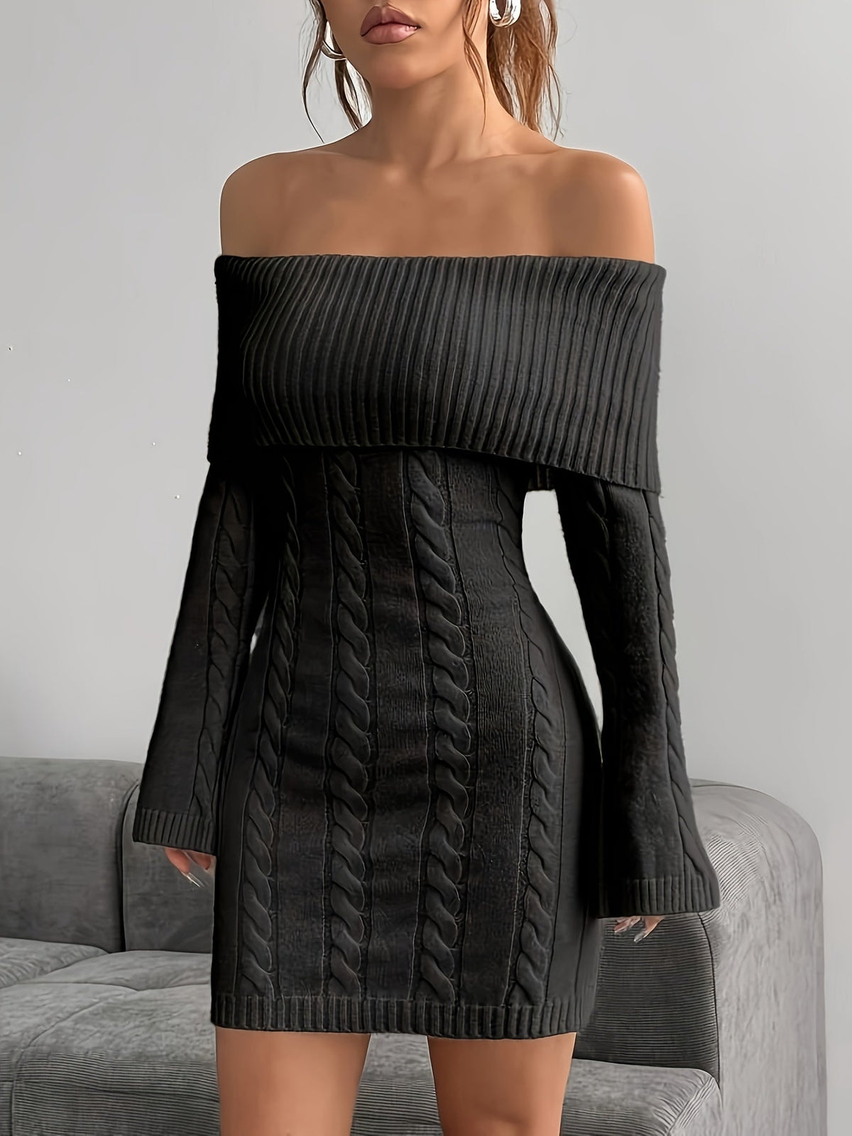 Women's Off-Shoulder Cable Knit Mini Dress, view 6