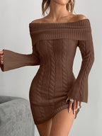 Women's Off-Shoulder Cable Knit Mini Dress, Brown, view 7