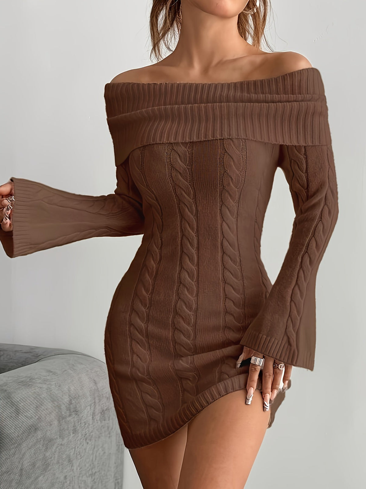 Women's Off-Shoulder Cable Knit Mini Dress, Brown, view 7
