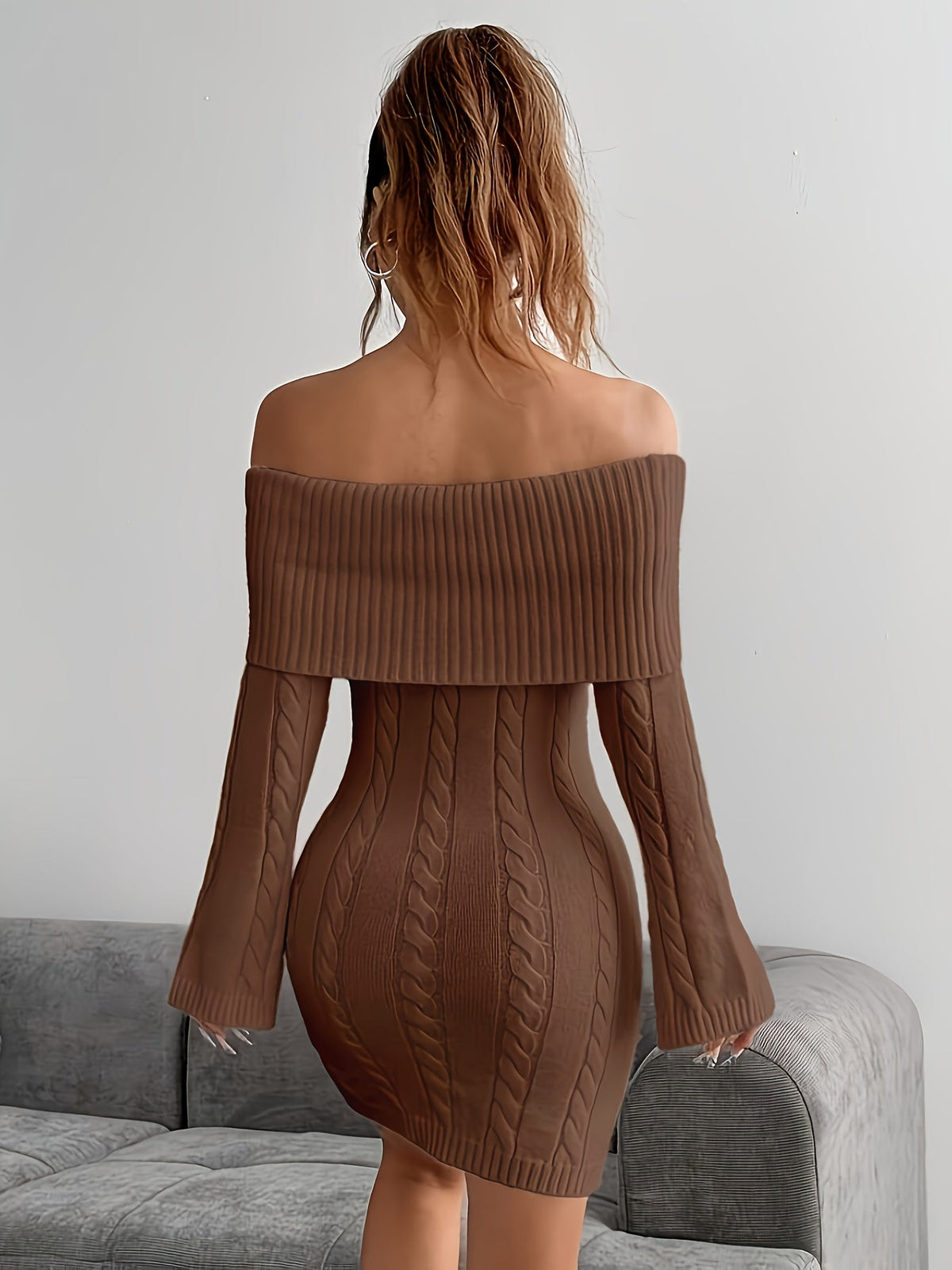 Women's Off-Shoulder Cable Knit Mini Dress, view 8