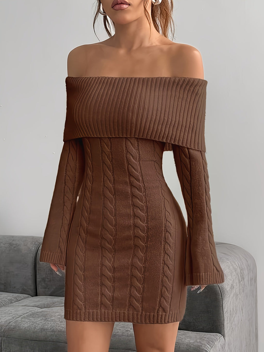 Women's Off-Shoulder Cable Knit Mini Dress, view 9
