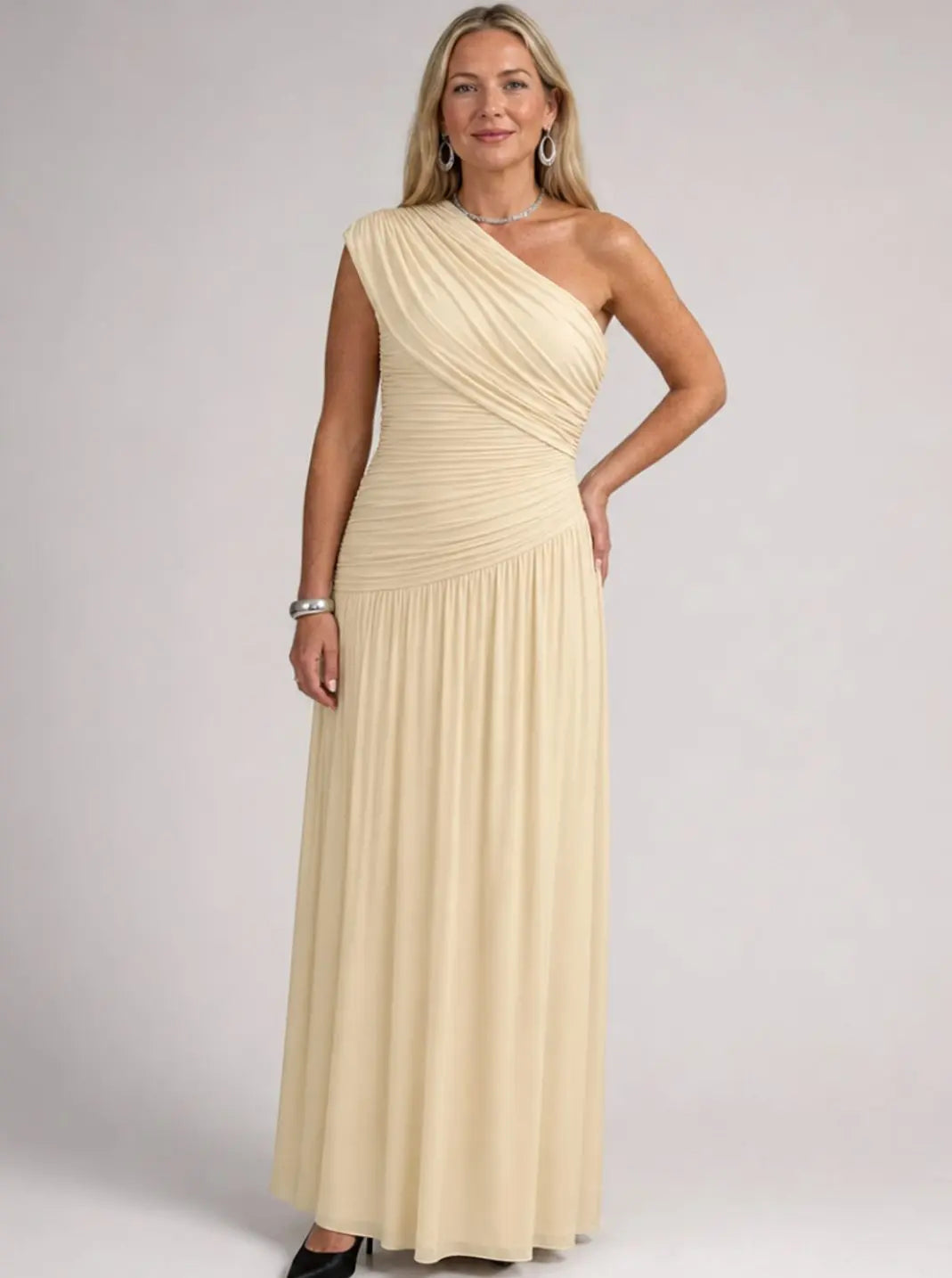 Women's One-Shoulder Gathered Maxi Dress with Front Split, Beige, view 1