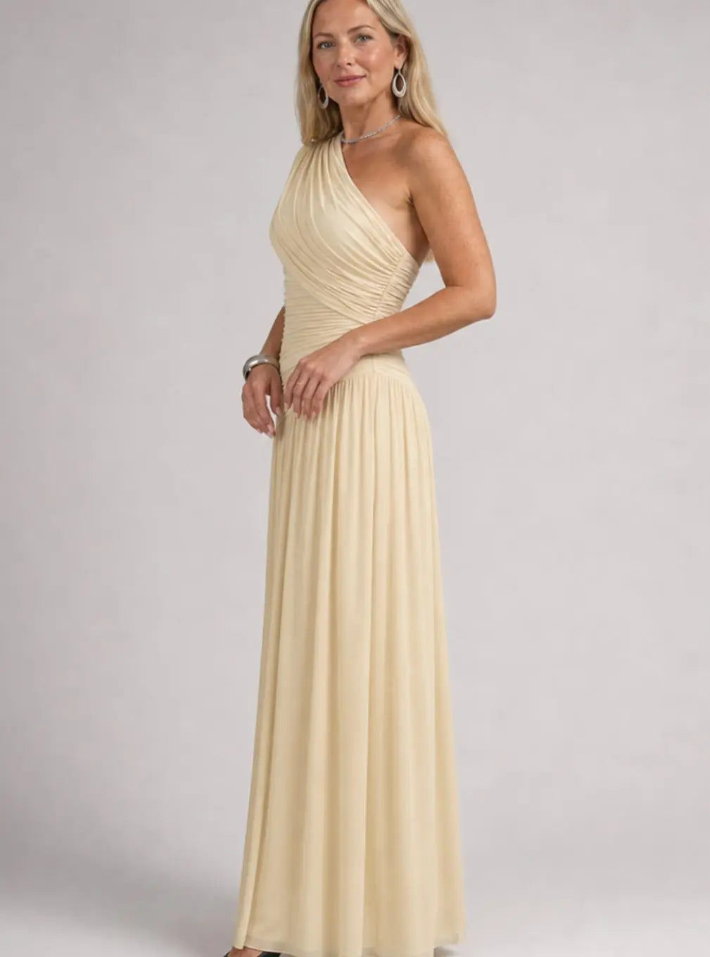 Women's One-Shoulder Gathered Maxi Dress with Front Split, view 2