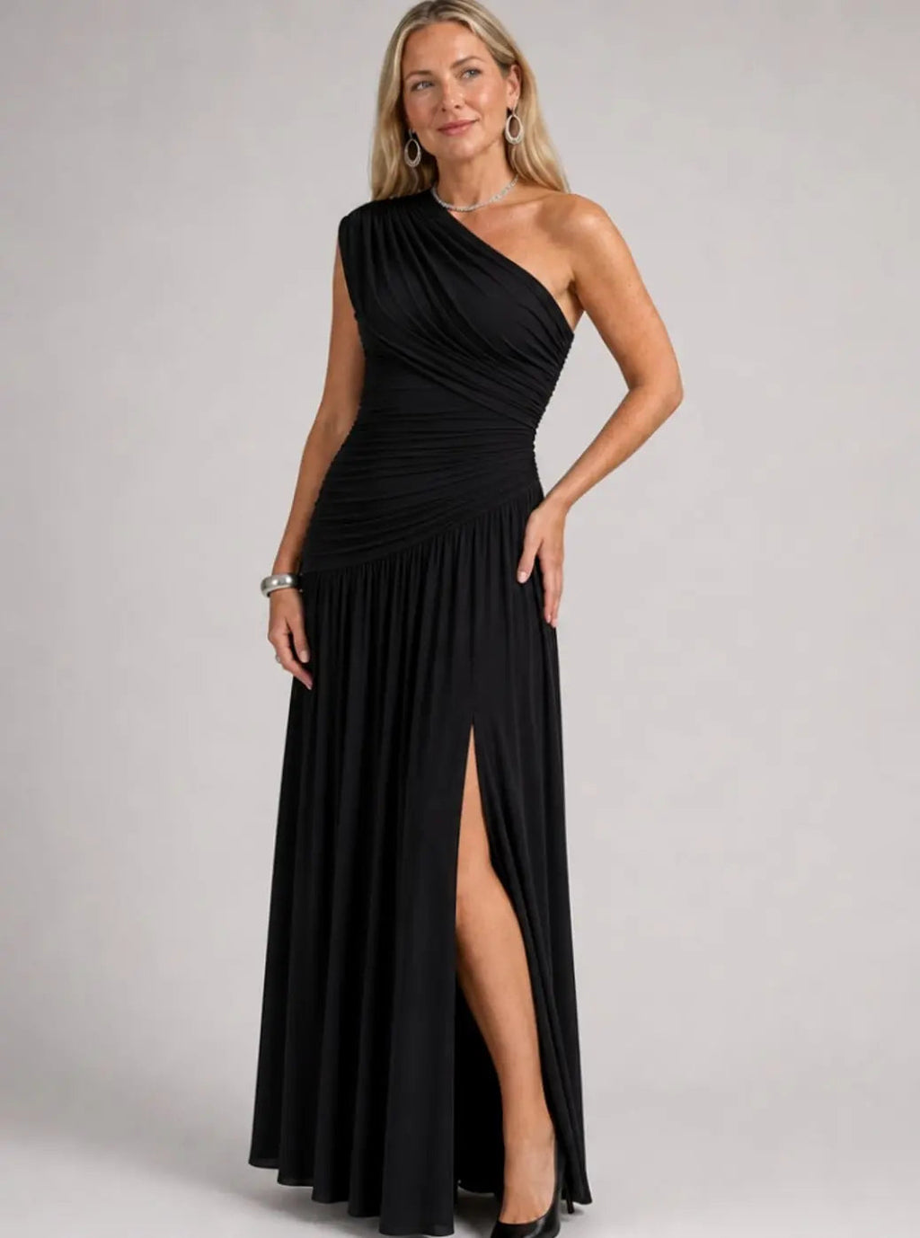 Women's One-Shoulder Gathered Maxi Dress with Front Split, Black, view 4