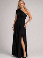 Women's One-Shoulder Gathered Maxi Dress with Front Split, Black, view 4