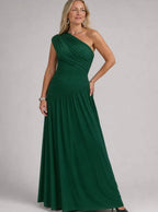 Women's One-Shoulder Gathered Maxi Dress with Front Split, Dark Green, view 5