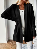 Women's Open-Front Longline Cardigan with Ribbed Trim, Black, view 1