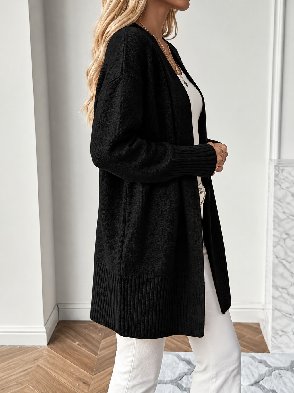 Women's Open-Front Longline Cardigan with Ribbed Trim, view 2
