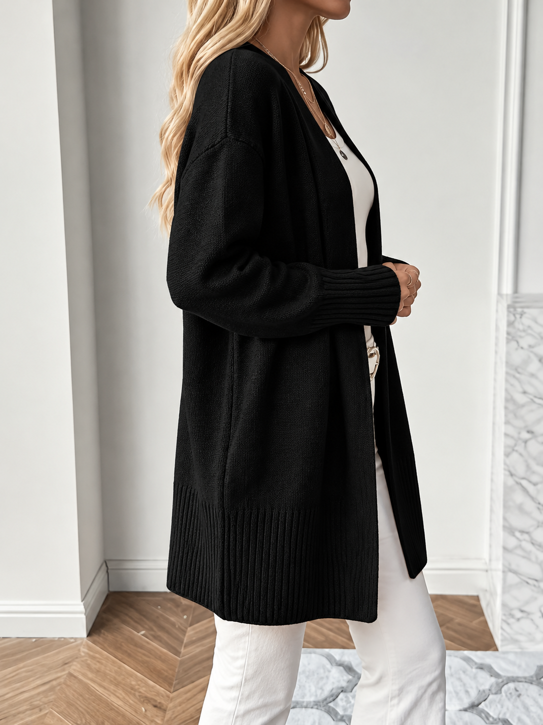 Women's Open-Front Longline Cardigan with Ribbed Trim, view 2