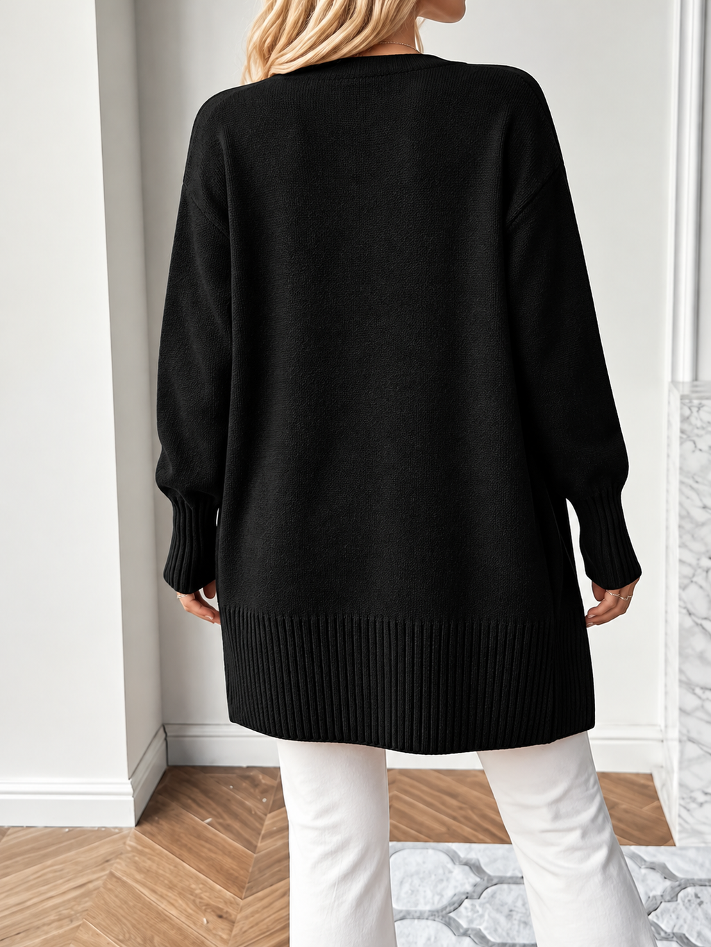 Women's Open-Front Longline Cardigan with Ribbed Trim, view 3