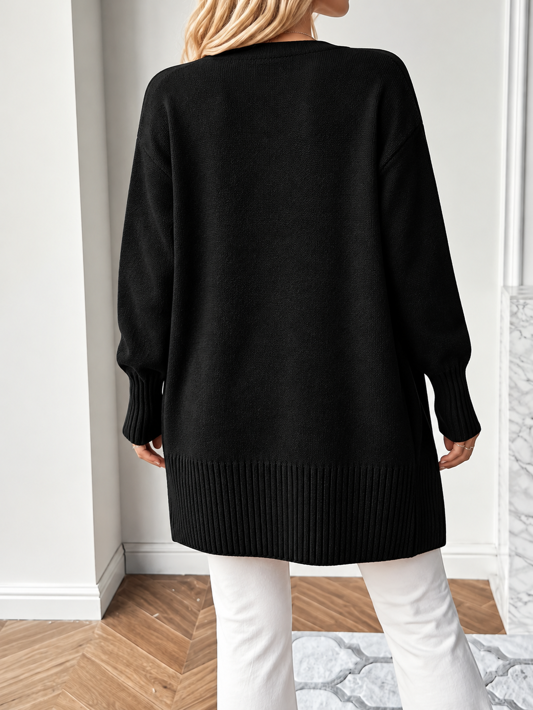 Women's Open-Front Longline Cardigan with Ribbed Trim, view 3