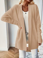 Women's Open-Front Longline Cardigan with Ribbed Trim, Khaki, view 4