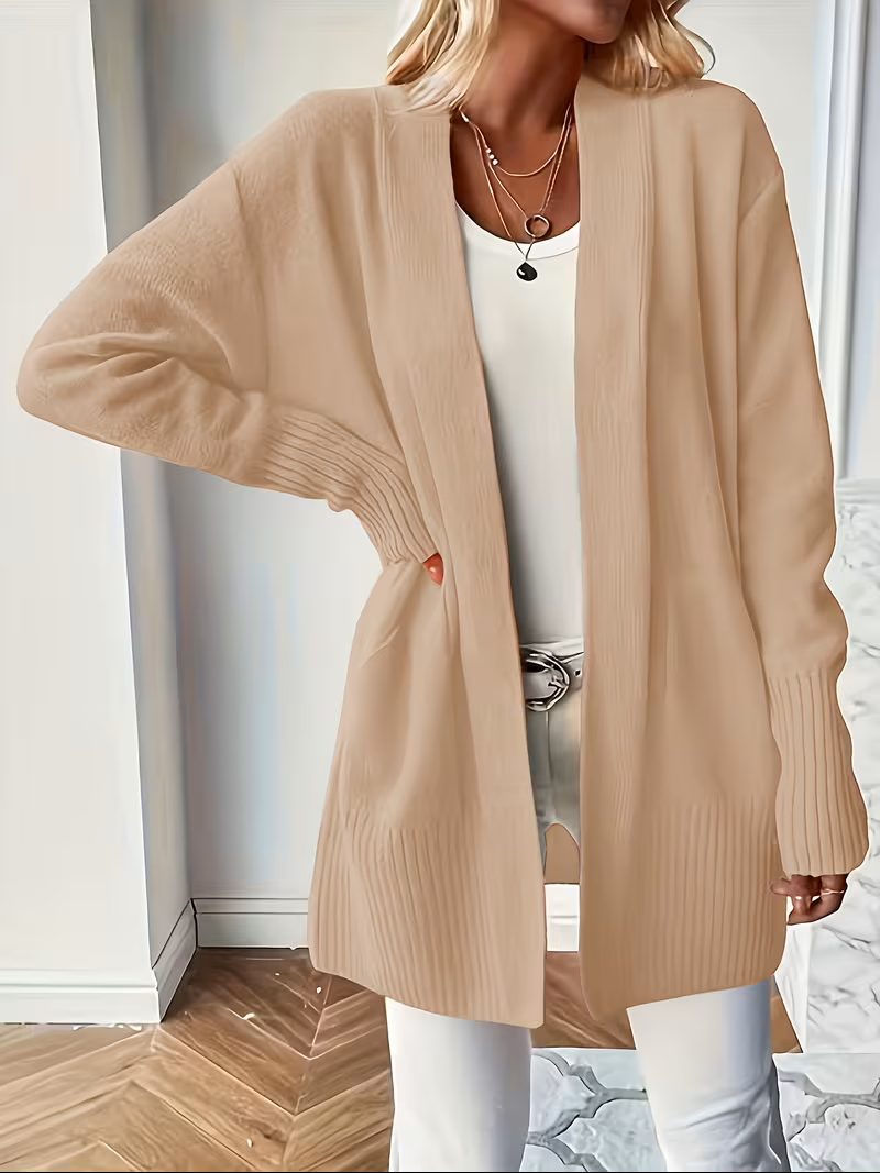 Women's Open-Front Longline Cardigan with Ribbed Trim, Khaki, view 4