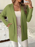 Women's Open-Front Longline Cardigan with Ribbed Trim, Green, view 5
