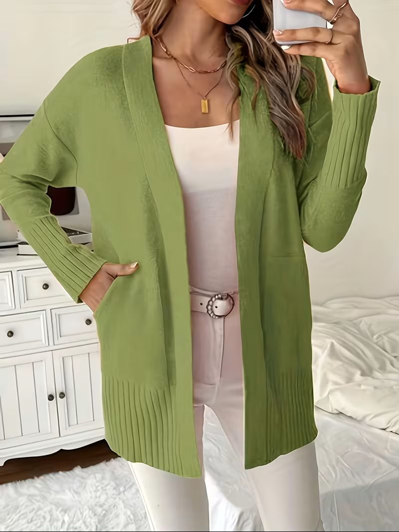 Women's Open-Front Longline Cardigan with Ribbed Trim, Green, view 5